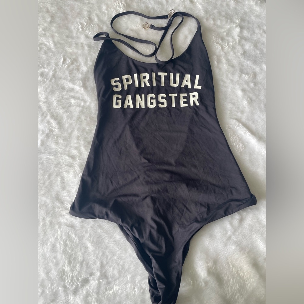 Spiritual Gangster size small gray one piece tie neck swim suit excellent cond